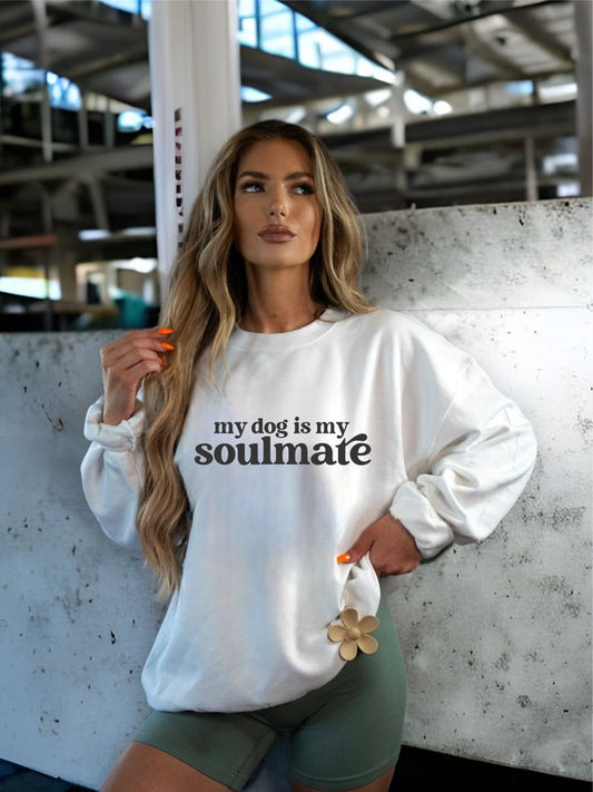 my dog is my soulmate sweatshirt, soft cotton, crew neck, paw print sleeves, fall fashion, cozy sweatshirts