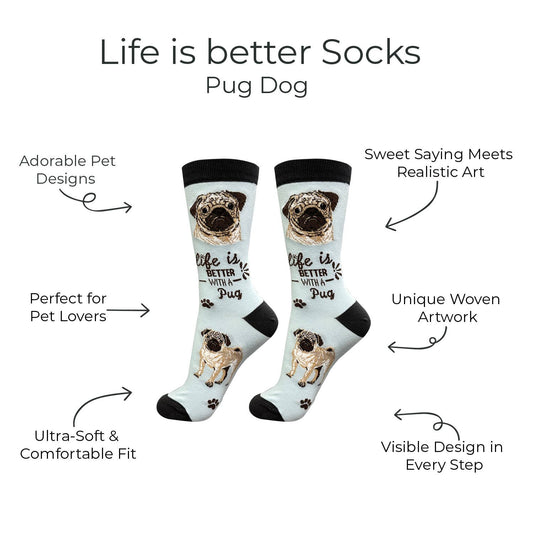 Pug Dog Socks - Fun Novelty Crew Socks - Unisex