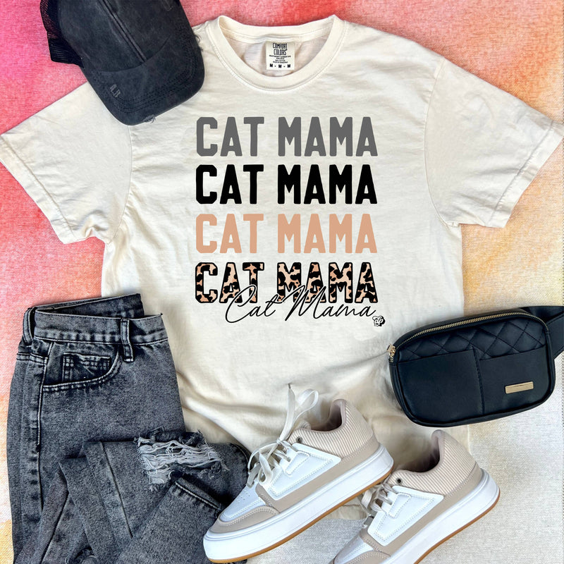 Cat Mama Repeat Tan Leopard Tee Top Shirt | DP1144: M