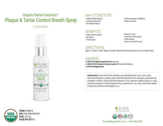 Organic Plaque & Tartar Dental Control Breath Spray for Dogs