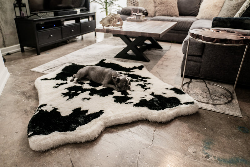 PupRug™ Animal Print Memory Foam Dog Bed - Black Faux Cowhide