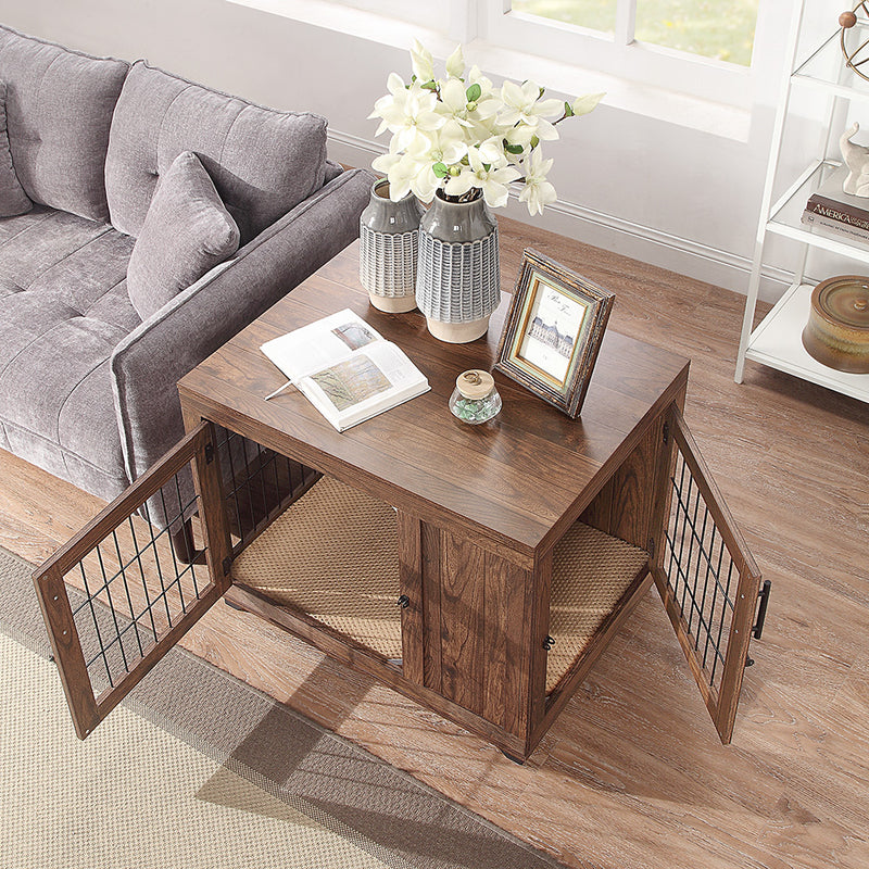 Walnut Brown End Table Dog Crate