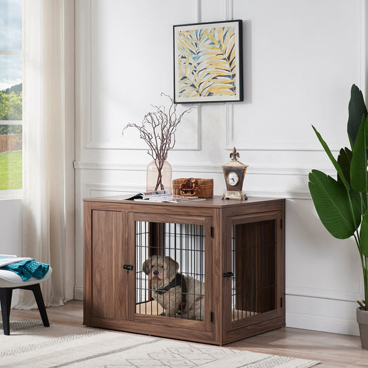 Large Corner Panel Walnut Brown Dog Crate Table