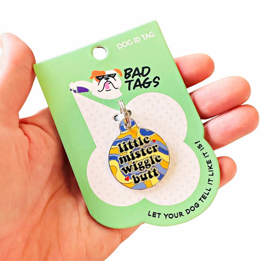 Little Mister Wiggle Butt - Pet ID Tag or Dog Collar Charm: Engraved QR Code / Small 1"