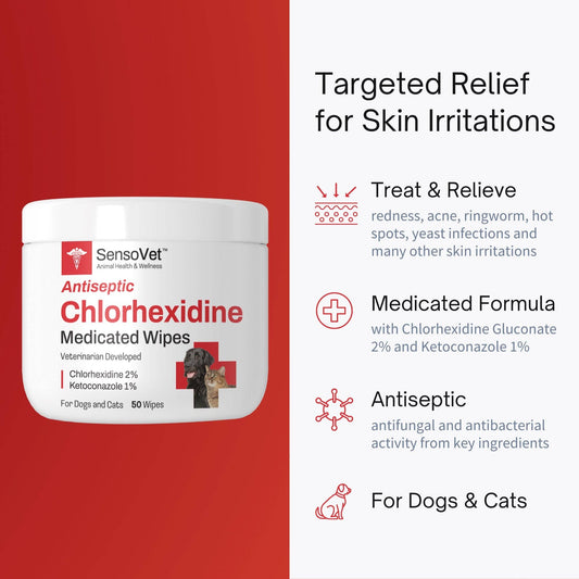 SensoVet Antiseptic Chlorhexidine Wipes for Dogs & Cats - 50 Wipes