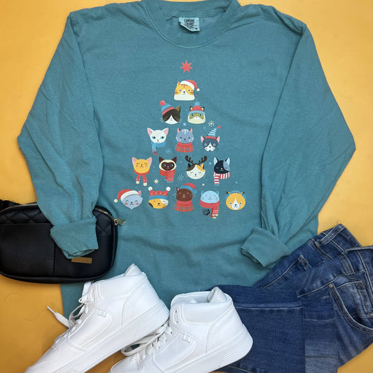 Christmas Cat Tree Long Sleeve | Cat Mom Tee