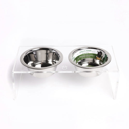 The GF PET® Acrylic Feeder is elevated and the pinnacle of simple elegance. Clear, clean, modern, and sturdy, the elevated base provides a comfortable and ergonomic feeding experience for your pet that favors good digestion. Includes 2 removable, dishwasher-safe stainless steel bowl inserts with authentic GF PET® logo paw. Gorgeous GF PET® etched logo paw. For dogs or cats. Match any décor!