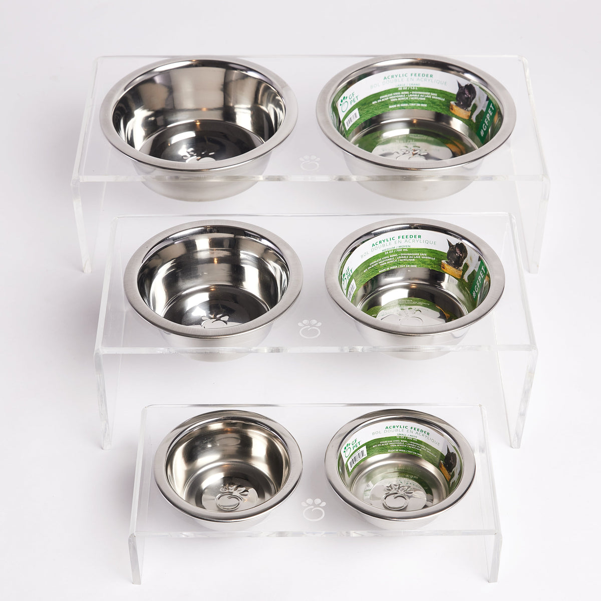 The GF PET® Acrylic Feeder is elevated and the pinnacle of simple elegance. Clear, clean, modern, and sturdy, the elevated base provides a comfortable and ergonomic feeding experience for your pet that favors good digestion. Includes 2 removable, dishwasher-safe stainless steel bowl inserts with authentic GF PET® logo paw. Gorgeous GF PET® etched logo paw. For dogs or cats. Match any décor!