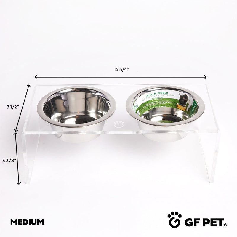 The GF PET® Acrylic Feeder is elevated and the pinnacle of simple elegance. Clear, clean, modern, and sturdy, the elevated base provides a comfortable and ergonomic feeding experience for your pet that favors good digestion. Includes 2 removable, dishwasher-safe stainless steel bowl inserts with authentic GF PET® logo paw. Gorgeous GF PET® etched logo paw. For dogs or cats. Match any décor!