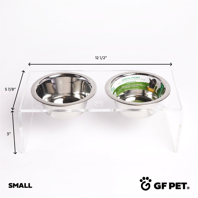 The GF PET® Acrylic Feeder is elevated and the pinnacle of simple elegance. Clear, clean, modern, and sturdy, the elevated base provides a comfortable and ergonomic feeding experience for your pet that favors good digestion. Includes 2 removable, dishwasher-safe stainless steel bowl inserts with authentic GF PET® logo paw. Gorgeous GF PET® etched logo paw. For dogs or cats. Match any décor!