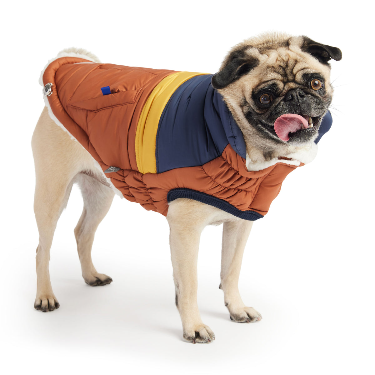 fashion and warmth. Its' ultra puff look and trendy color blocks are a stunning statement of canine vogue! Both retro and modern at the same time, this gorgeous puffer sports oversized faux pockets, accent stitching and next generation styling.  With GF PET signature pocket tabs & contrast binding, this retro puffer keeps it real with snuggly warm popcorn sherpa lining.  Water repellent and super adjustable,