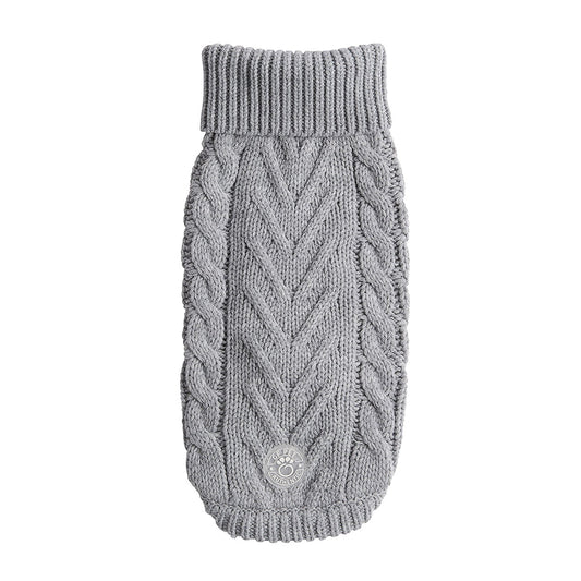 The GF PET Chalet Sweater is chunky and snuggly soft. The high turtleneck, ribbed arm holes and sculpted body shape make for a super comfy fit for both boy and girl doggies. A timeless and luxurious cable knit classic!  Product details:  Quality oversize knit Secure ribbed arm holes Turtleneck Superior fit 100% Acrylic SKU: GS391F0-GREY  Fitting: Simply pull the sweater over on your dog's head, insert front legs and pull to cover the back. With this great stretch, there is no fuss!  