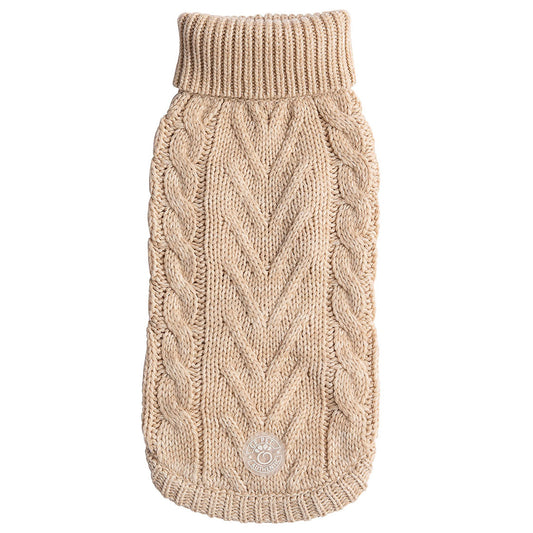 The GF PET Chalet Sweater is chunky and snuggly soft. The high turtleneck, ribbed arm holes and sculpted body shape make for a super comfy fit for both boy and girl doggies. A timeless and luxurious cable knit classic!